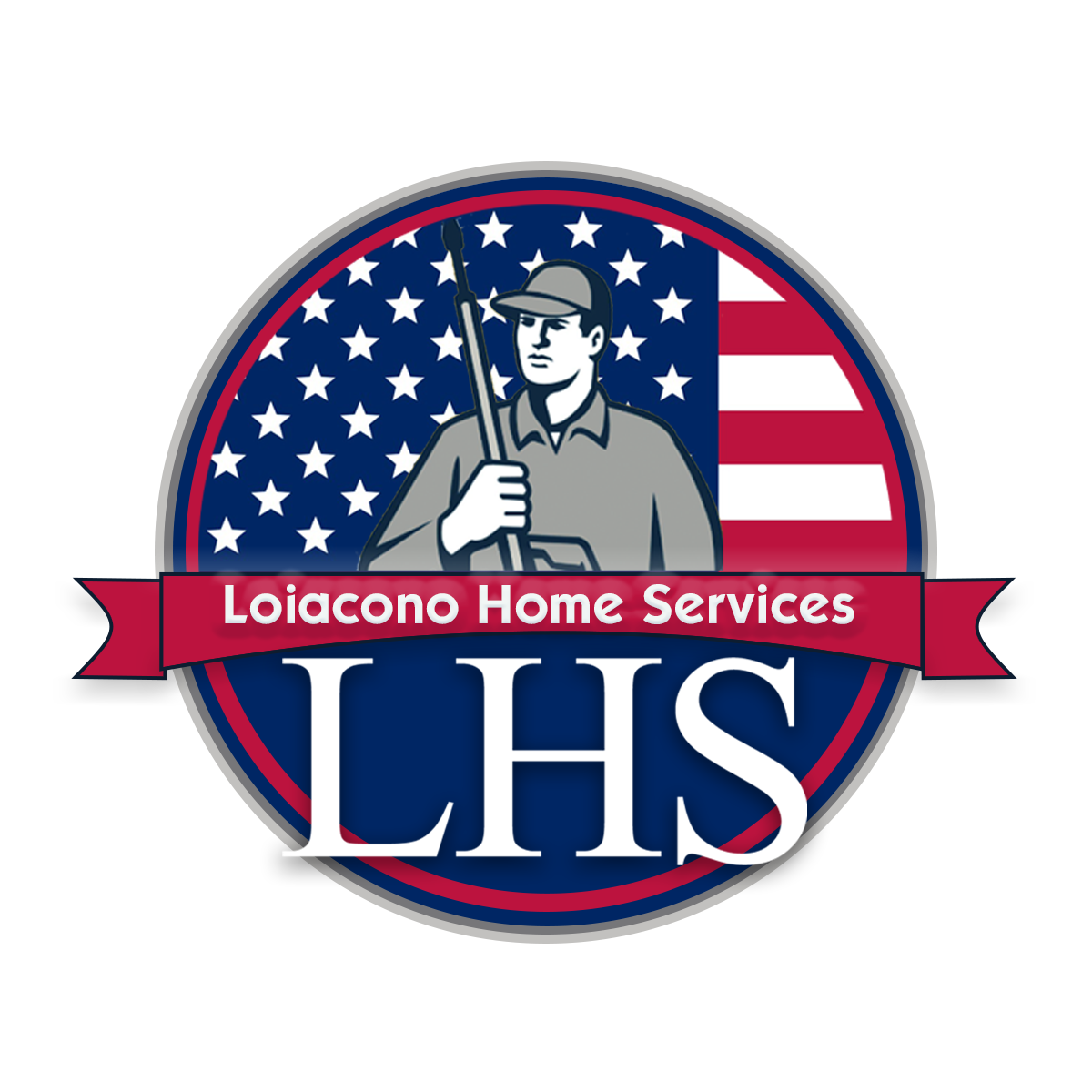 Loiacono Home Services logo: a tradesman in front of an American flag circle with a red banner and LHS lettering