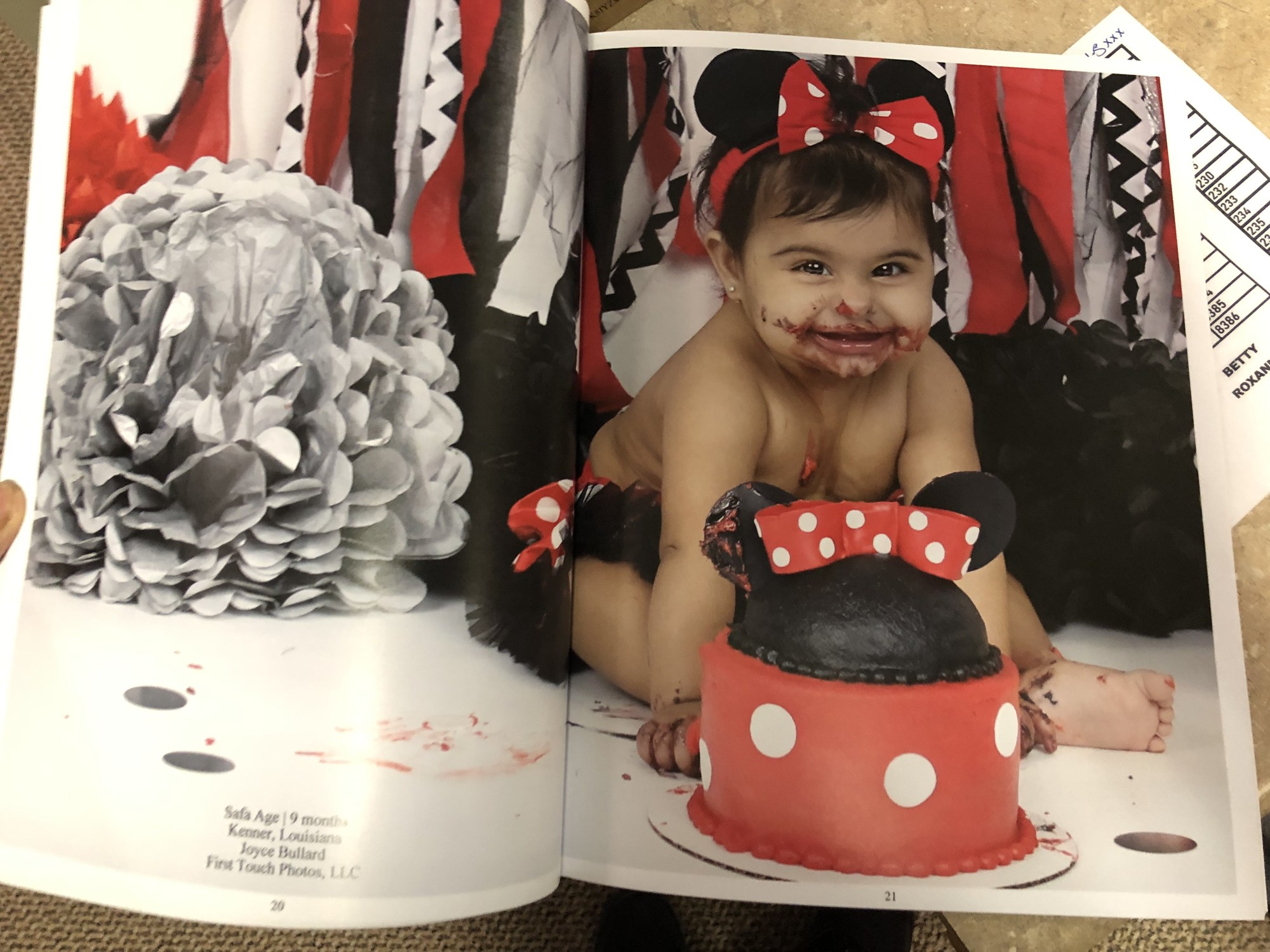 International Baby Model magazine pages 20–21: Safa at her Minnie Mouse birthday cake smash, photographed by Joyce Bullard, First Touch Photos, LLC