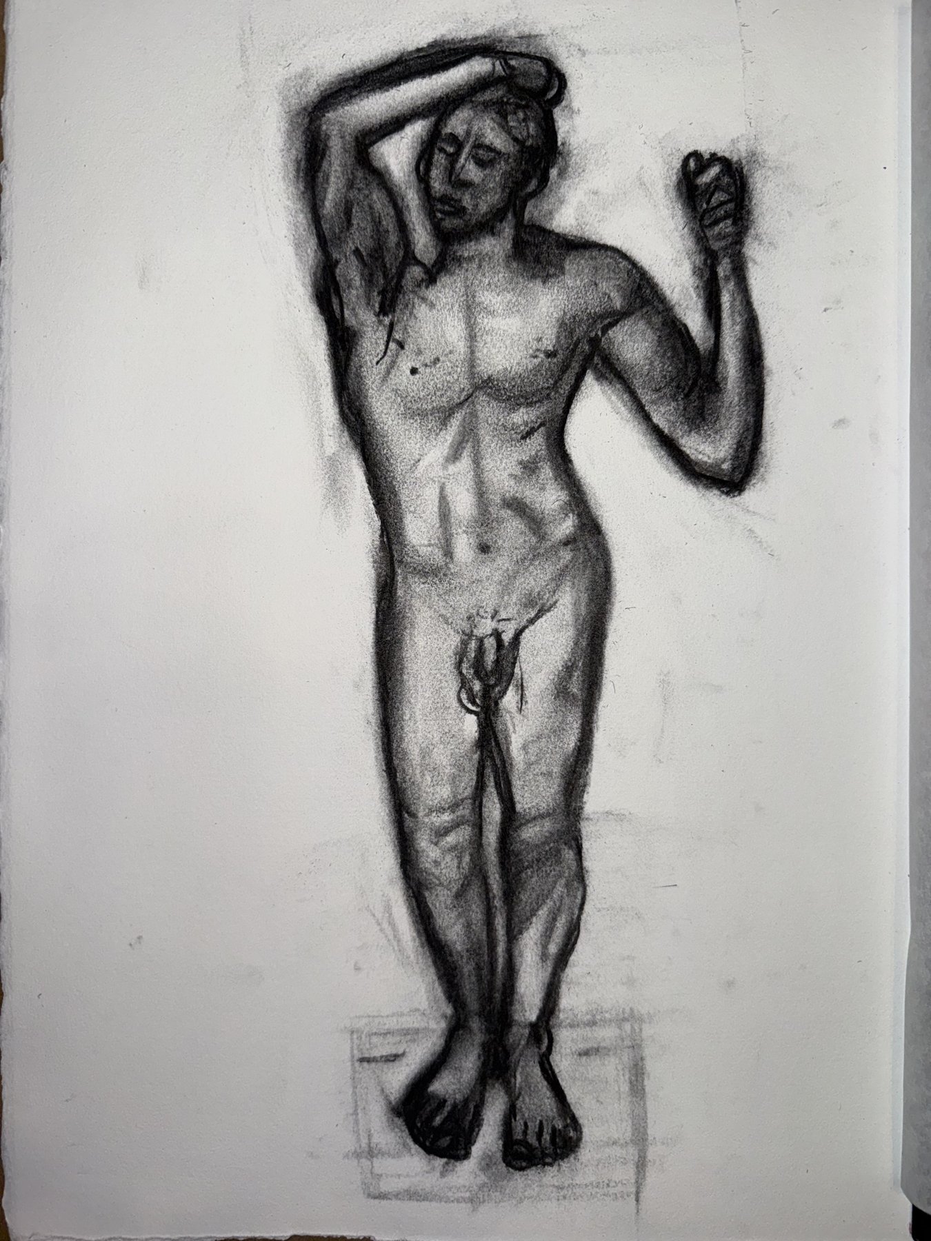 Charcoal standing figure study with one arm raised
