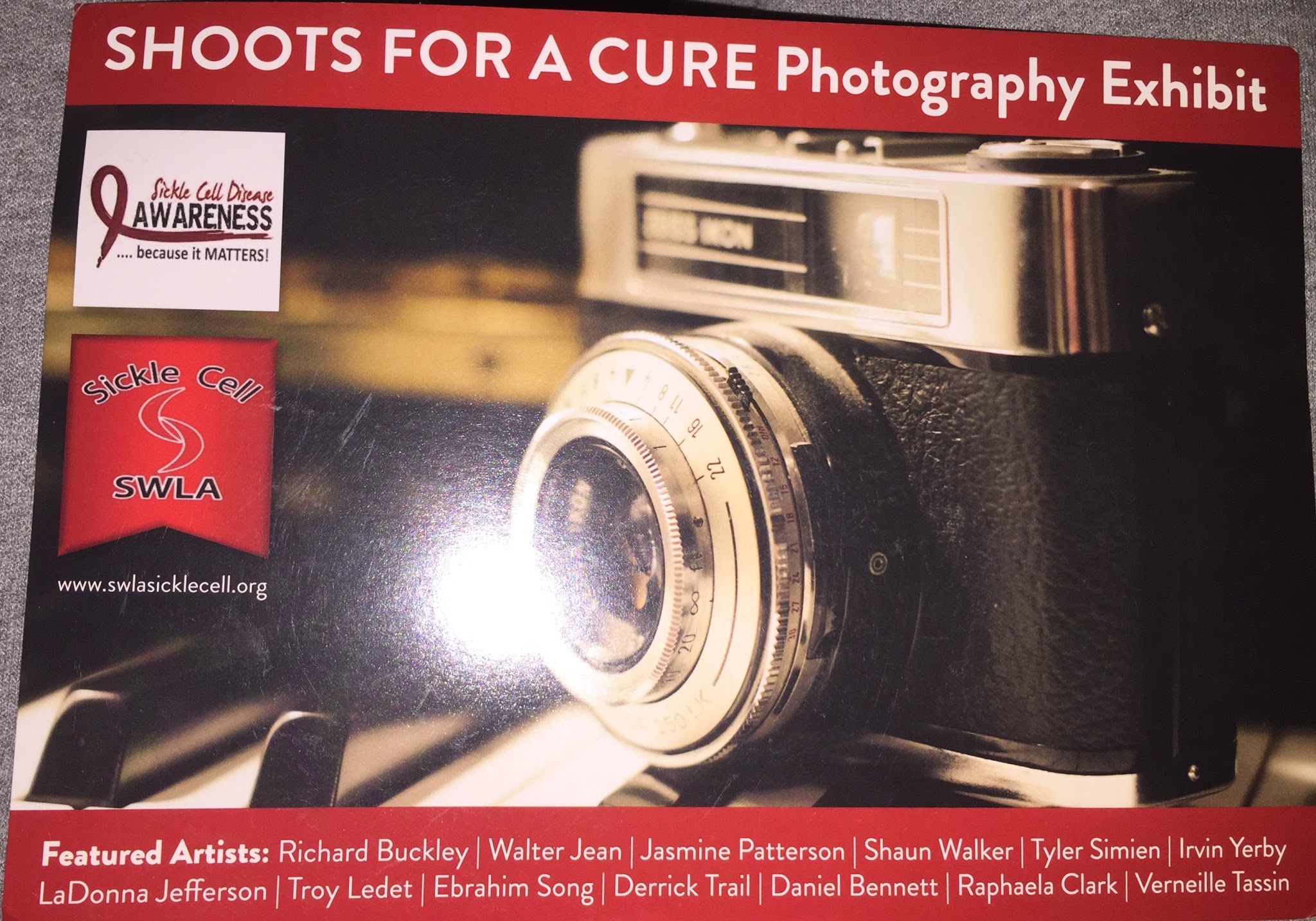 Shoots for a Cure Photography Exhibit banner listing Jasmine Patterson among the featured artists