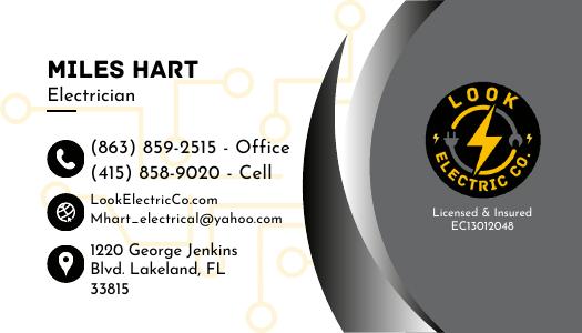 Look Electric Co. business card for electrician Miles Hart with a circular lightning-bolt logo