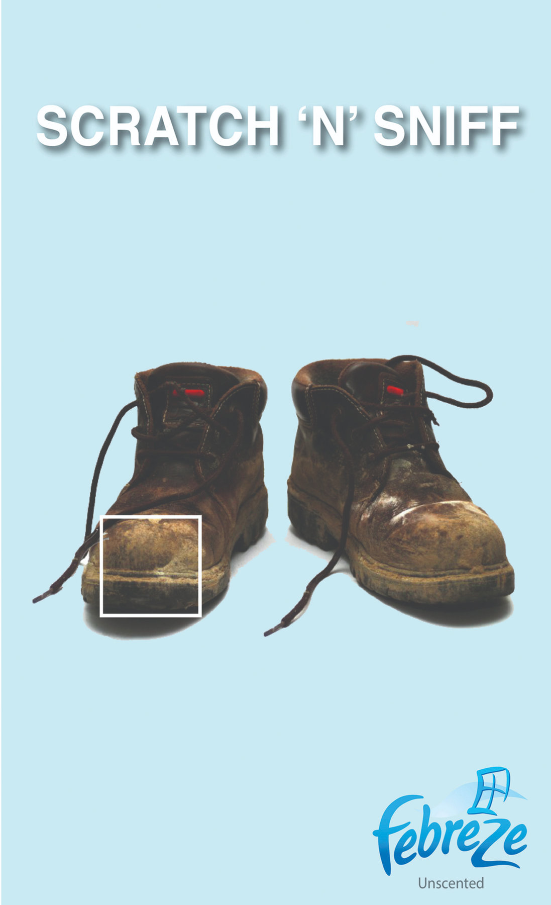 Febreze Scratch 'n' Sniff print ad concept featuring worn work boots