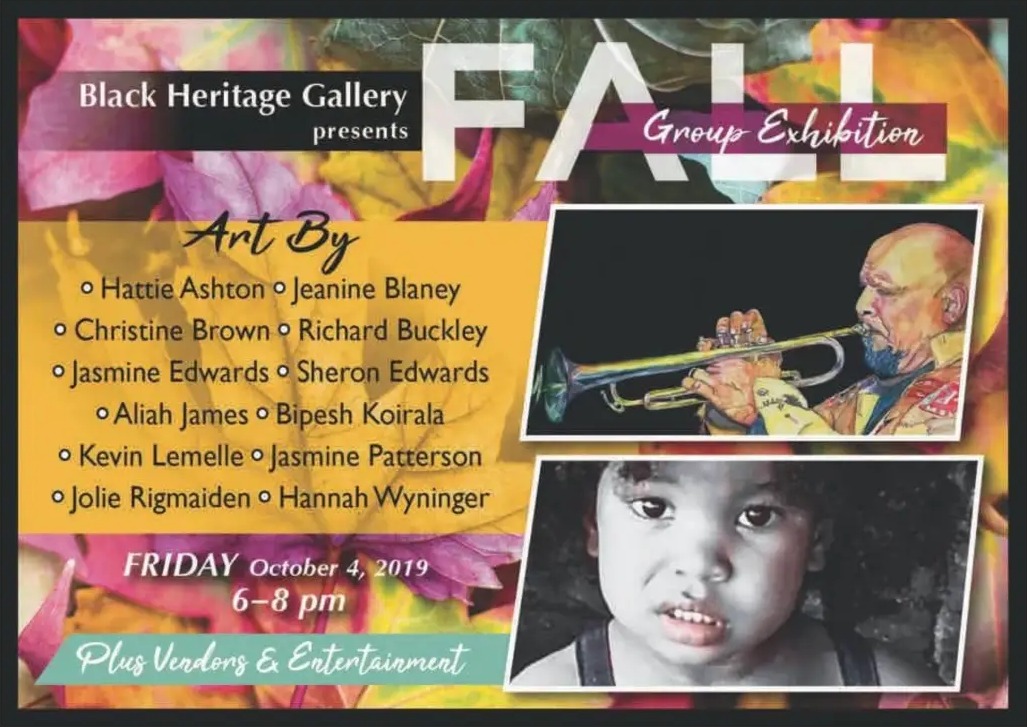 Flyer for Black Heritage Gallery's Fall Group Exhibition, October 4, 2019, listing Jasmine Patterson among the exhibiting artists