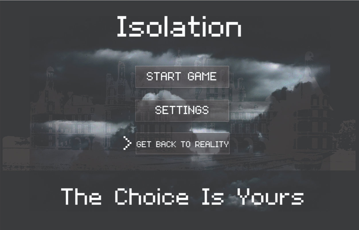 Isolation interactive concept: a game-style menu over a cloudy city with the line The Choice Is Yours
