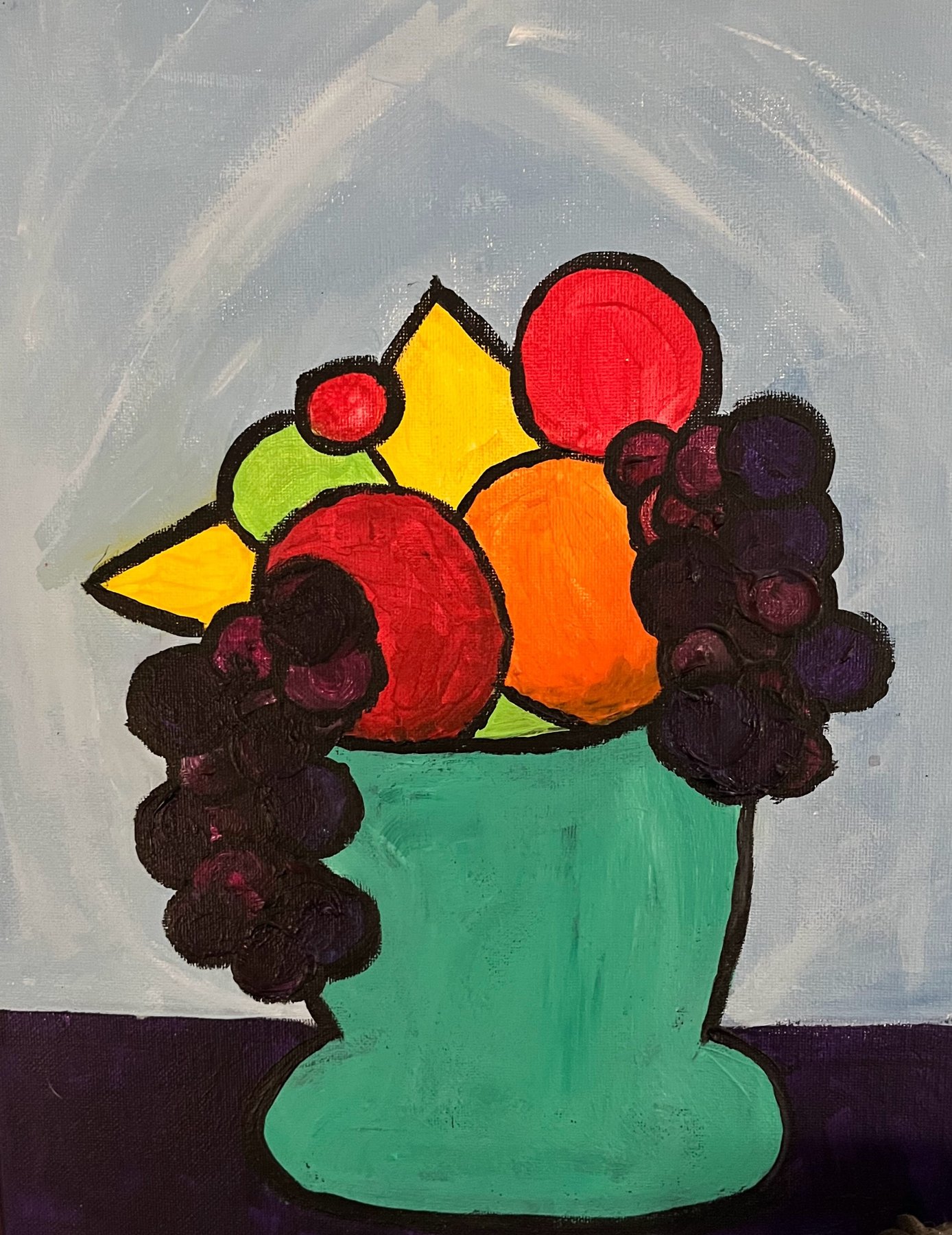 Painting of a fruit bowl with oranges and grapes in a green vase