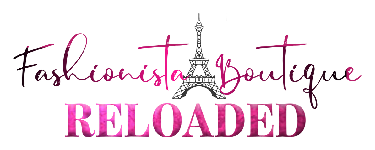 Fashionista Boutique Reloaded logo with an Eiffel Tower and pink glitter lettering