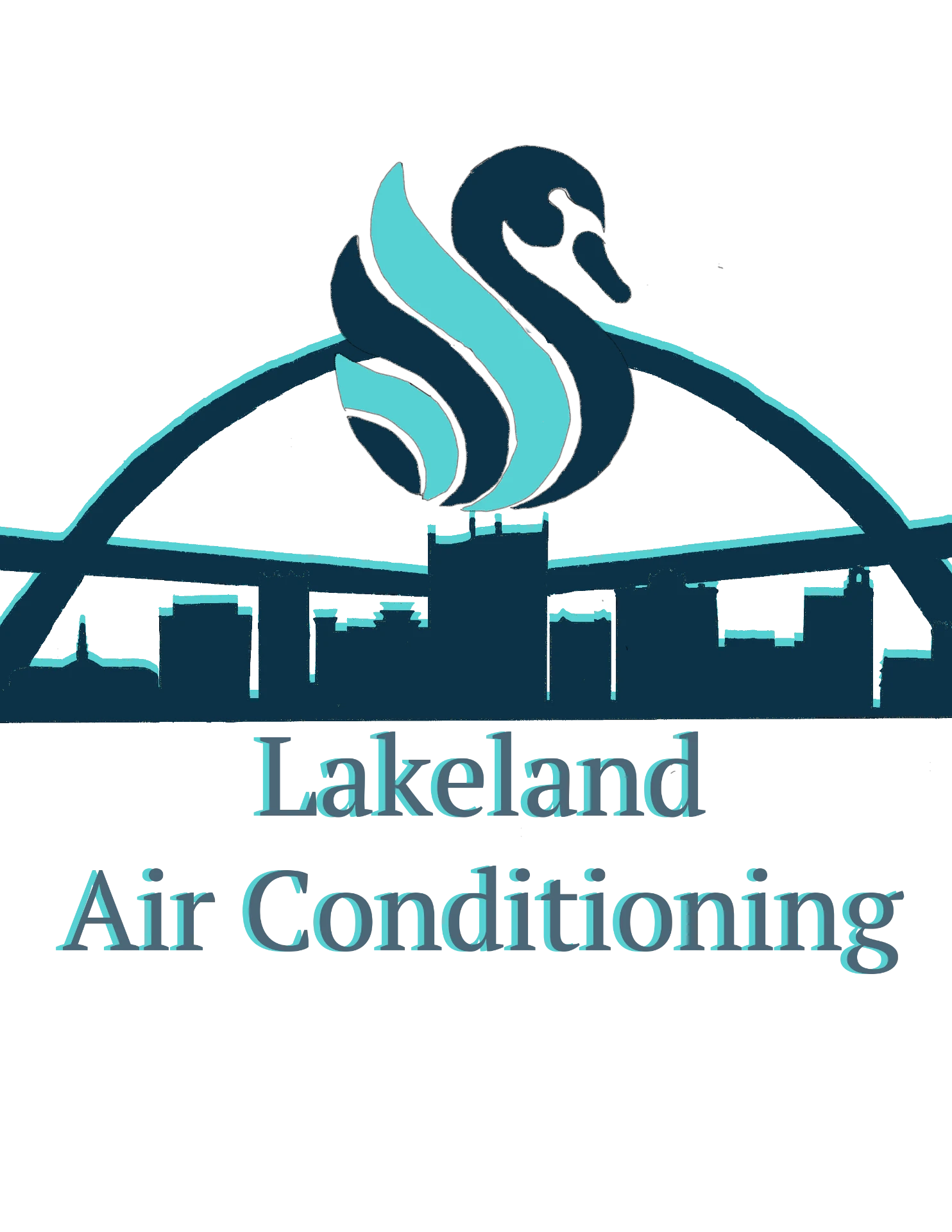 Lakeland Air Conditioning logo: a teal swan over a Lakeland skyline silhouette, dark version for t-shirts