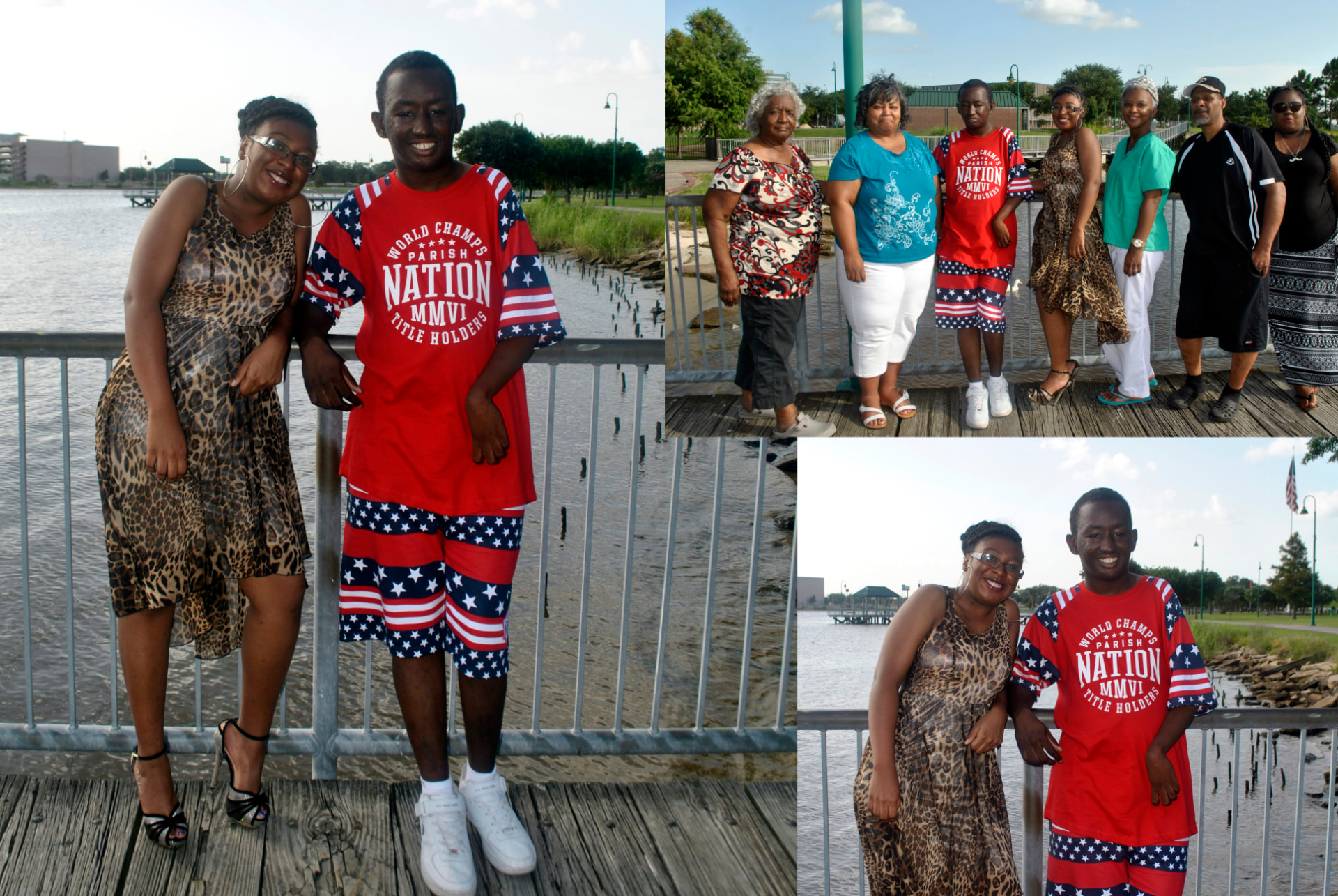 Collage print of family portraits by the lake — a young man in a red World Champs shirt with his mother and extended family