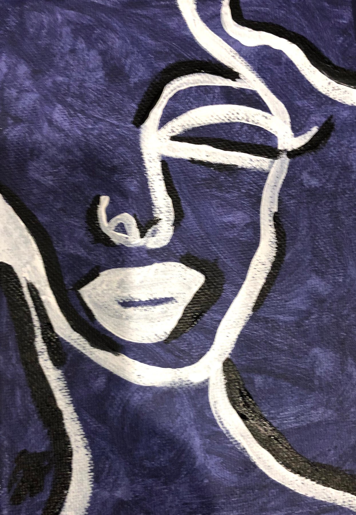 Painting of a woman's face drawn in bold white lines on deep purple