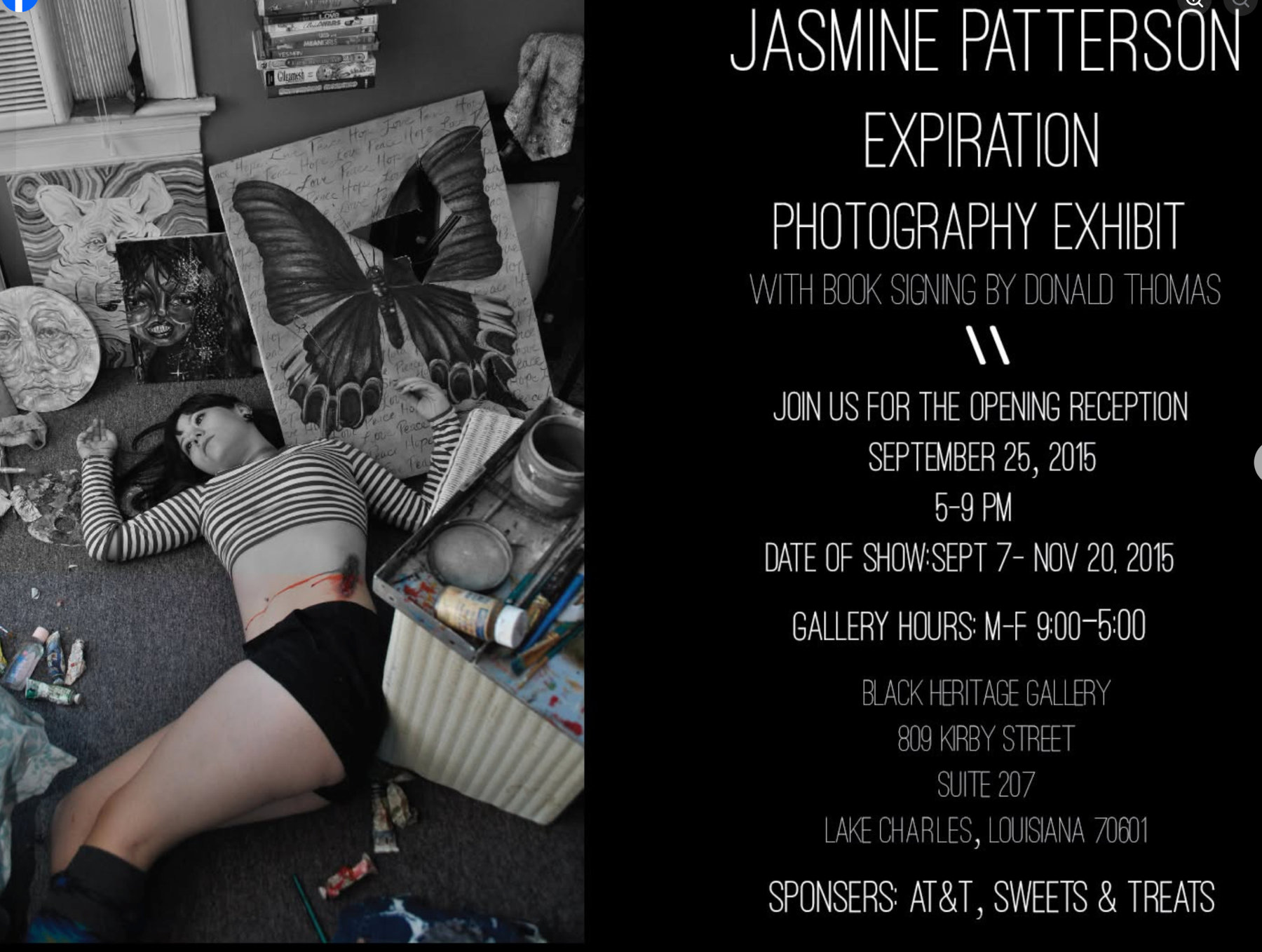 Flyer for Expiration, a photography exhibit by Jasmine Patterson at Black Heritage Gallery, opening reception September 25, 2015