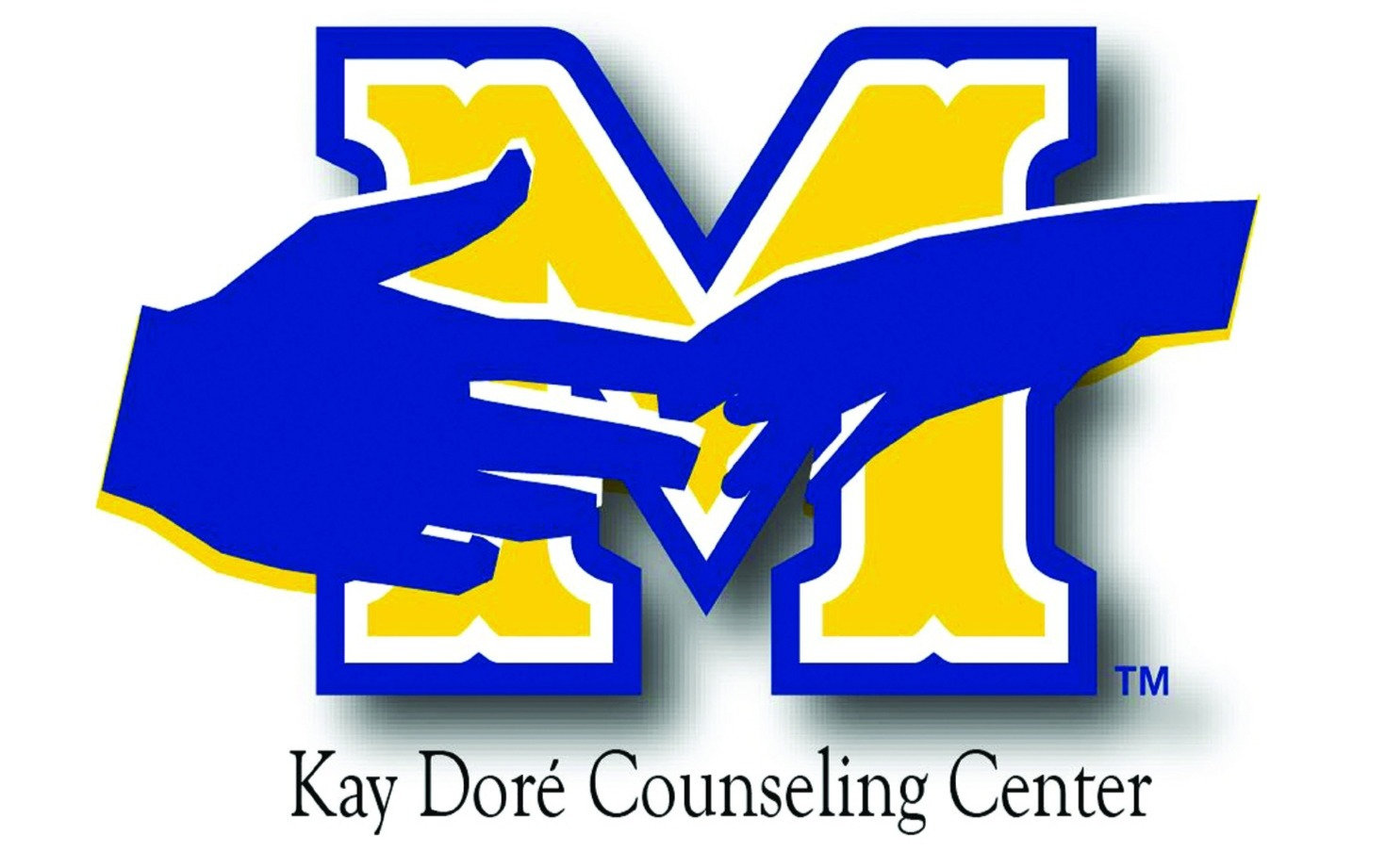 Kay Doré Counseling Center logo: a yellow M with blue hands