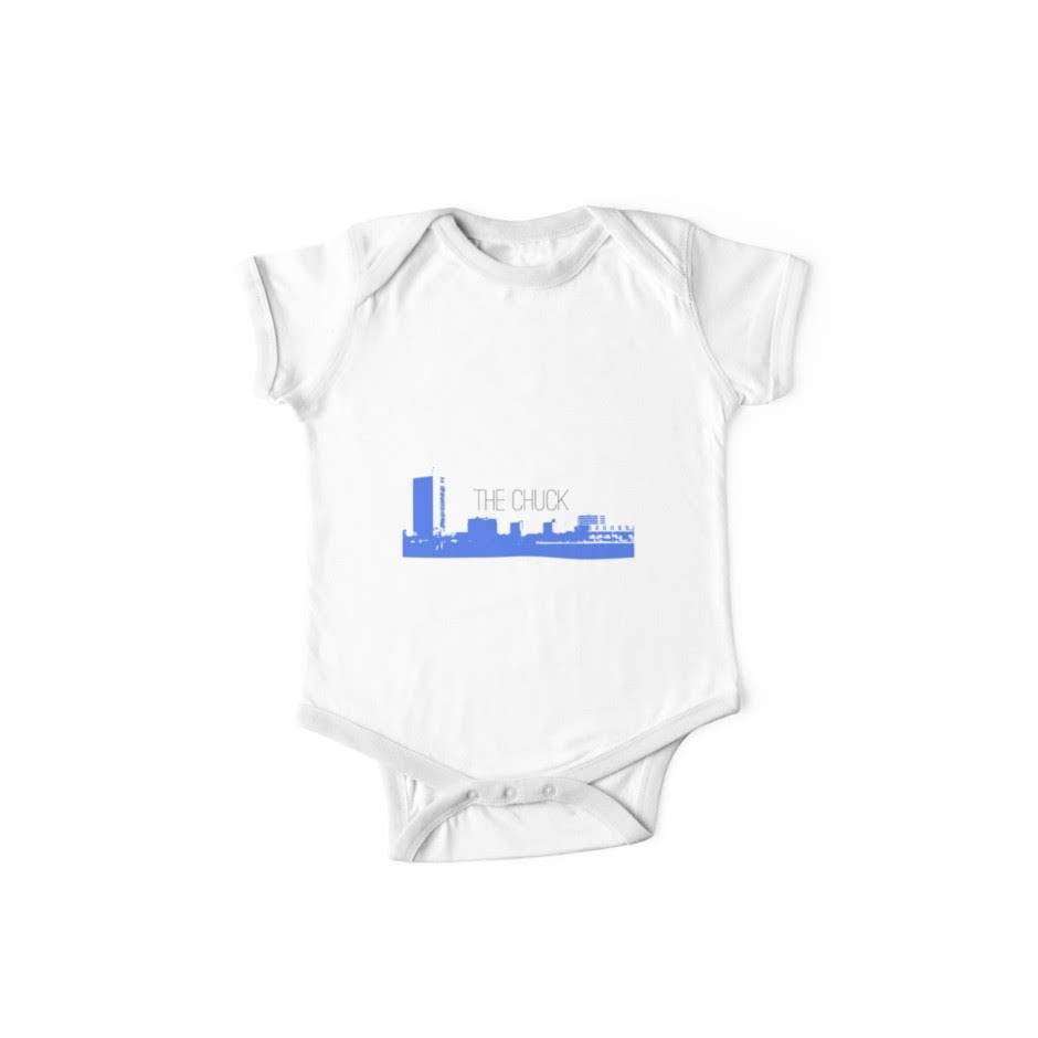 White baby onesie with the THE CHUCK skyline graphic
