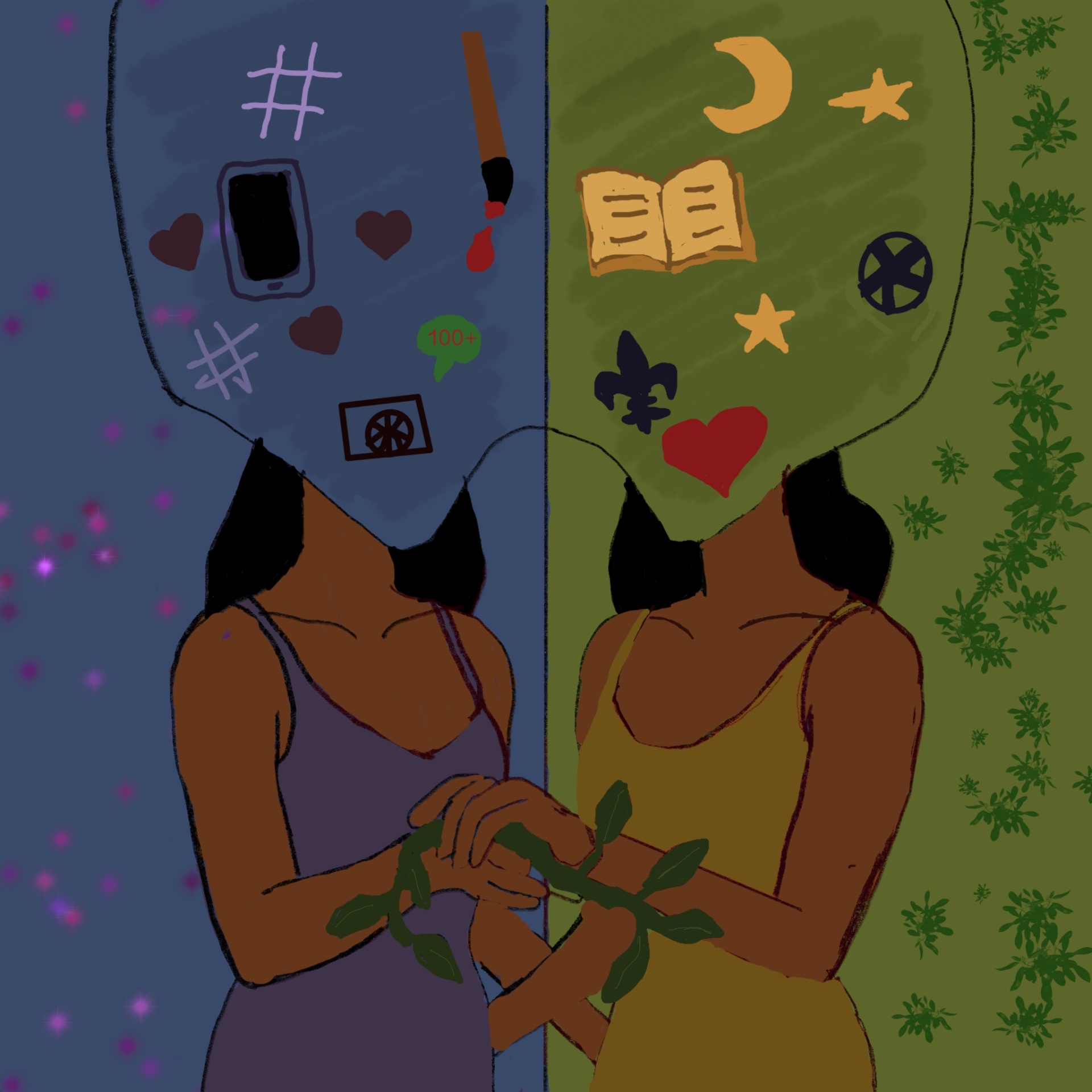 Digital drawing of two women holding hands, one on a blue side with a head full of phone, hashtags and hearts, the other on a green side with a head full of a book, moon, stars and a fleur-de-lis, wrists bound by a vine