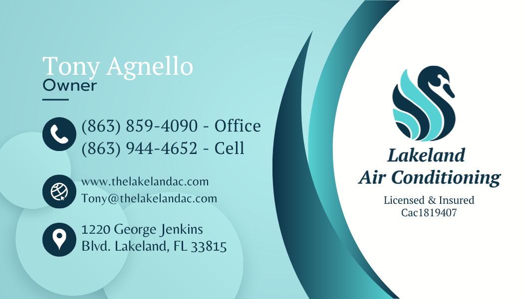 Lakeland Air Conditioning business card with a swan logo on a teal wave
