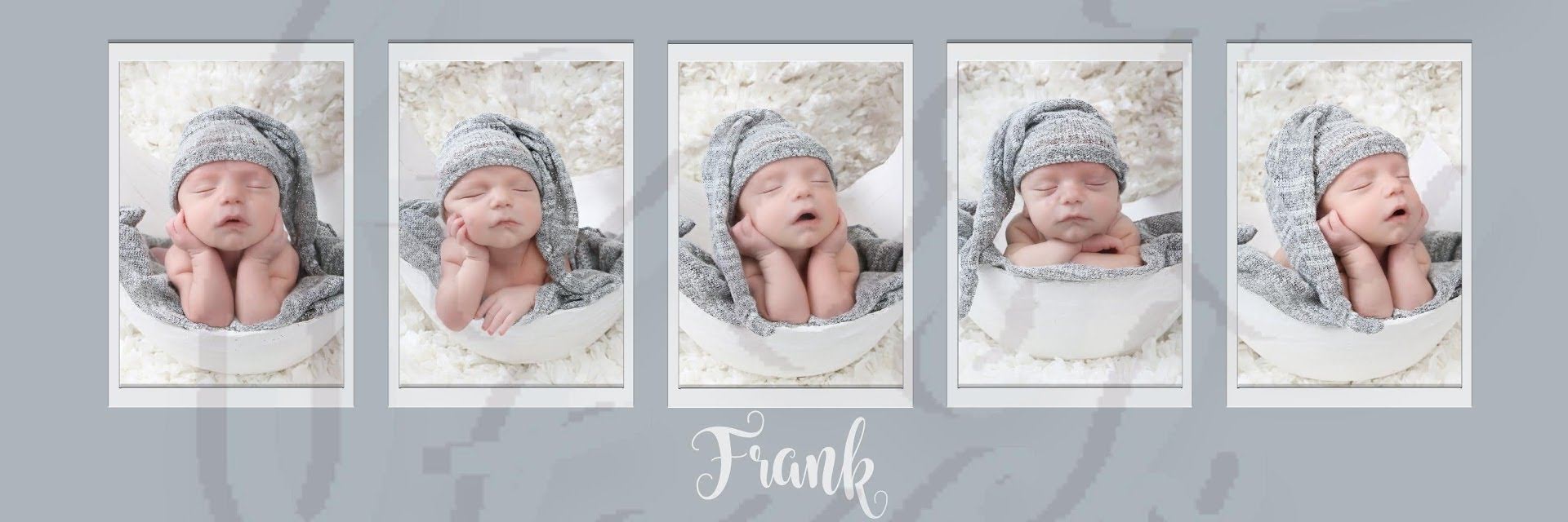 Five-frame newborn print layout of a baby in a gray knit cap, titled Frank