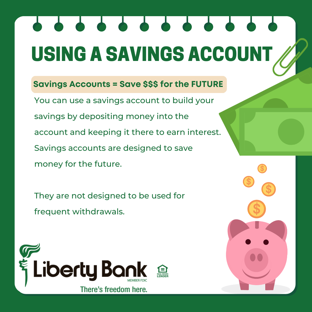Liberty Bank post explaining savings accounts with a piggy bank illustration