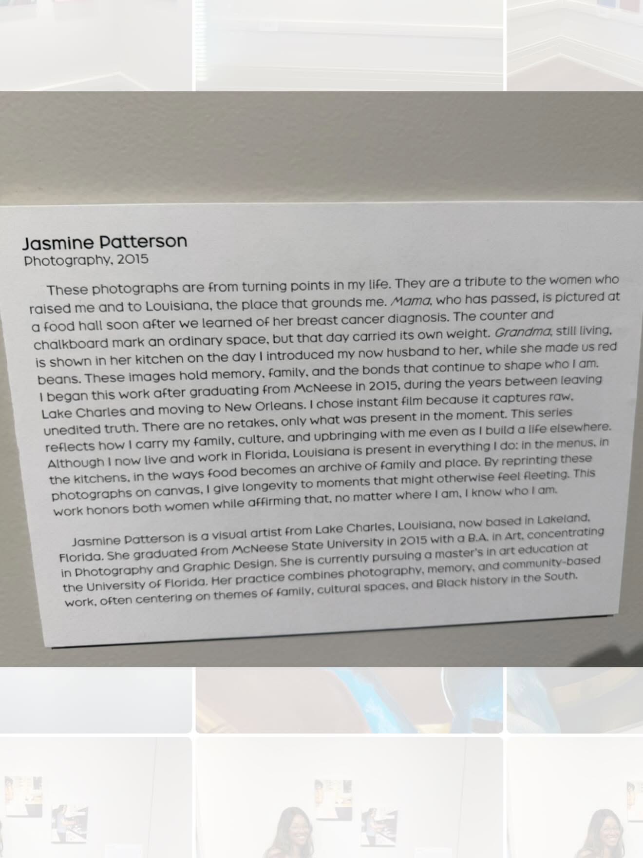 Wall-mounted artist statement for Jasmine Patterson's photographs at the Visual Arts Alumni Exhibition