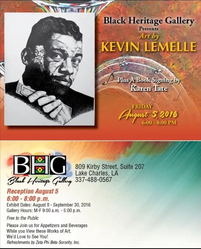 Exhibition invitation for art by Kevin Lemelle at Black Heritage Gallery, August 2016, front and back