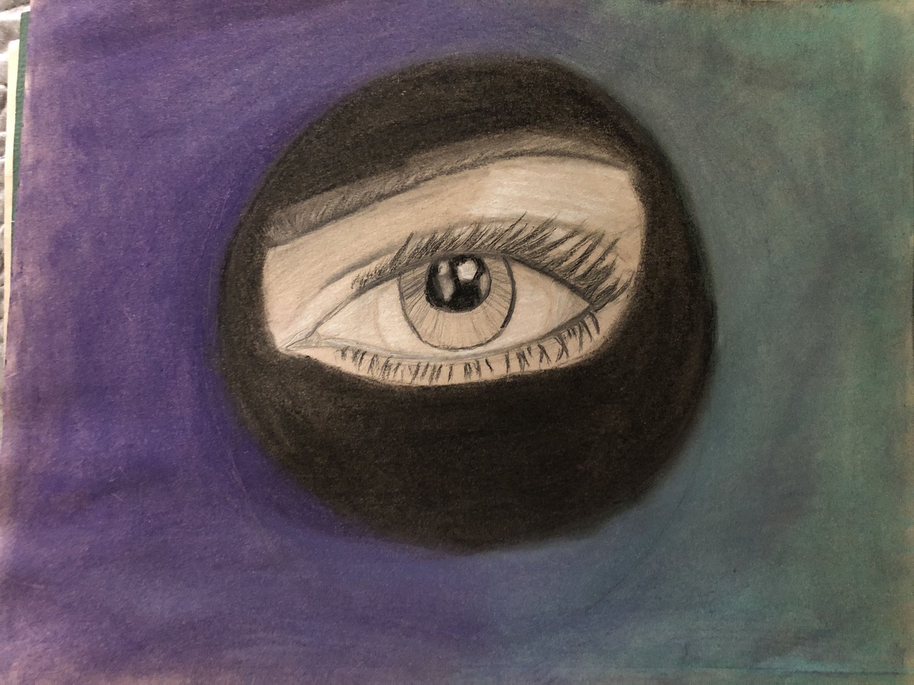 Drawing of an eye framed in black on a purple and green ground