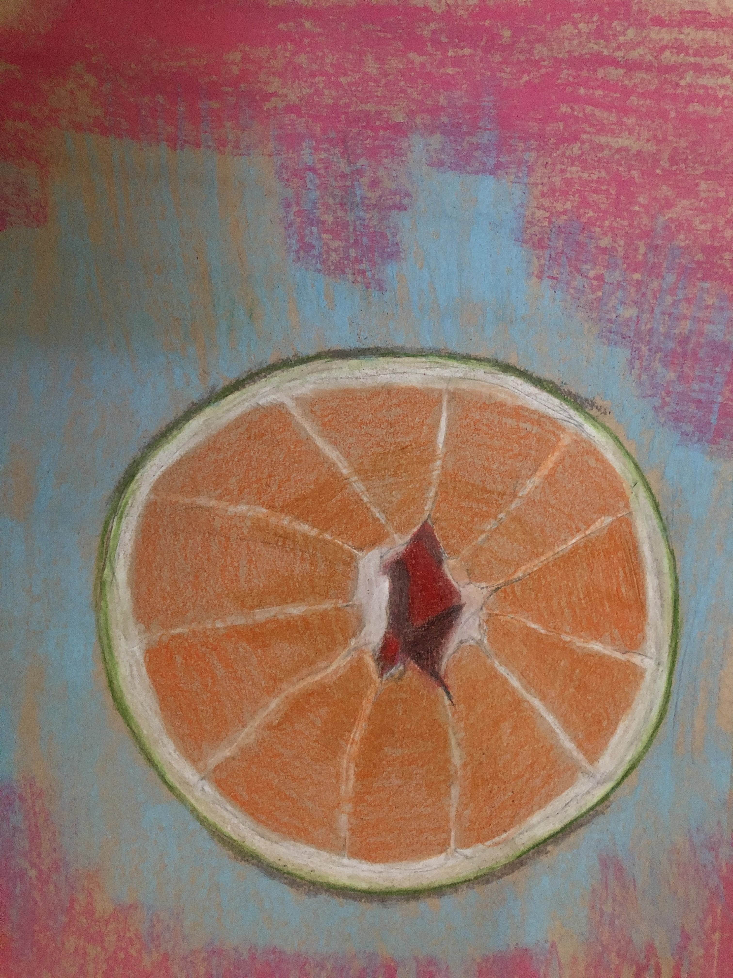 Pastel drawing of a halved grapefruit on a textured pink and blue ground