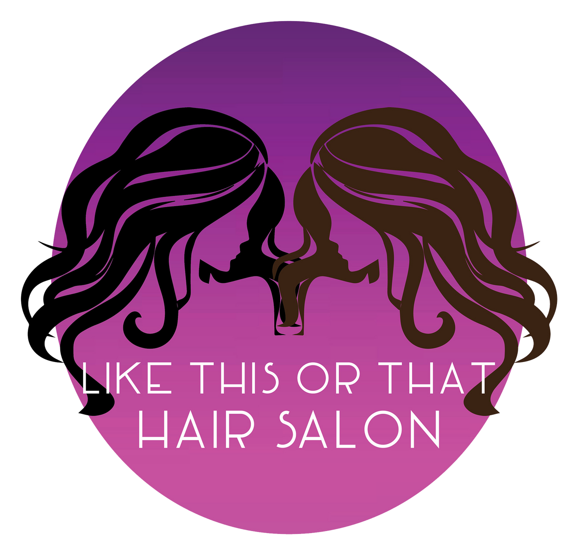 Like This or That Hair Salon logo: two mirrored silhouettes with flowing dark hair on a magenta circle