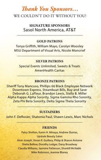 Black Heritage Gallery event sponsor thank-you list, with Jasmine Patterson listed among the Friends supporters