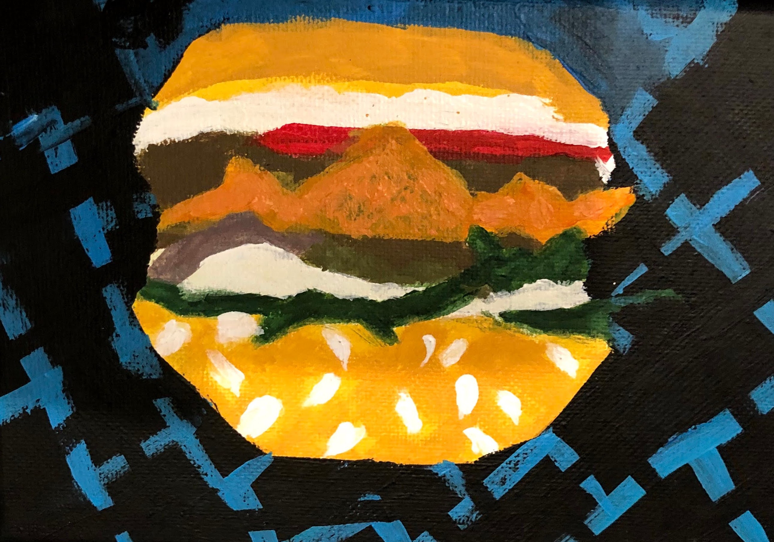 Painting of a layered burger on a blue patterned ground