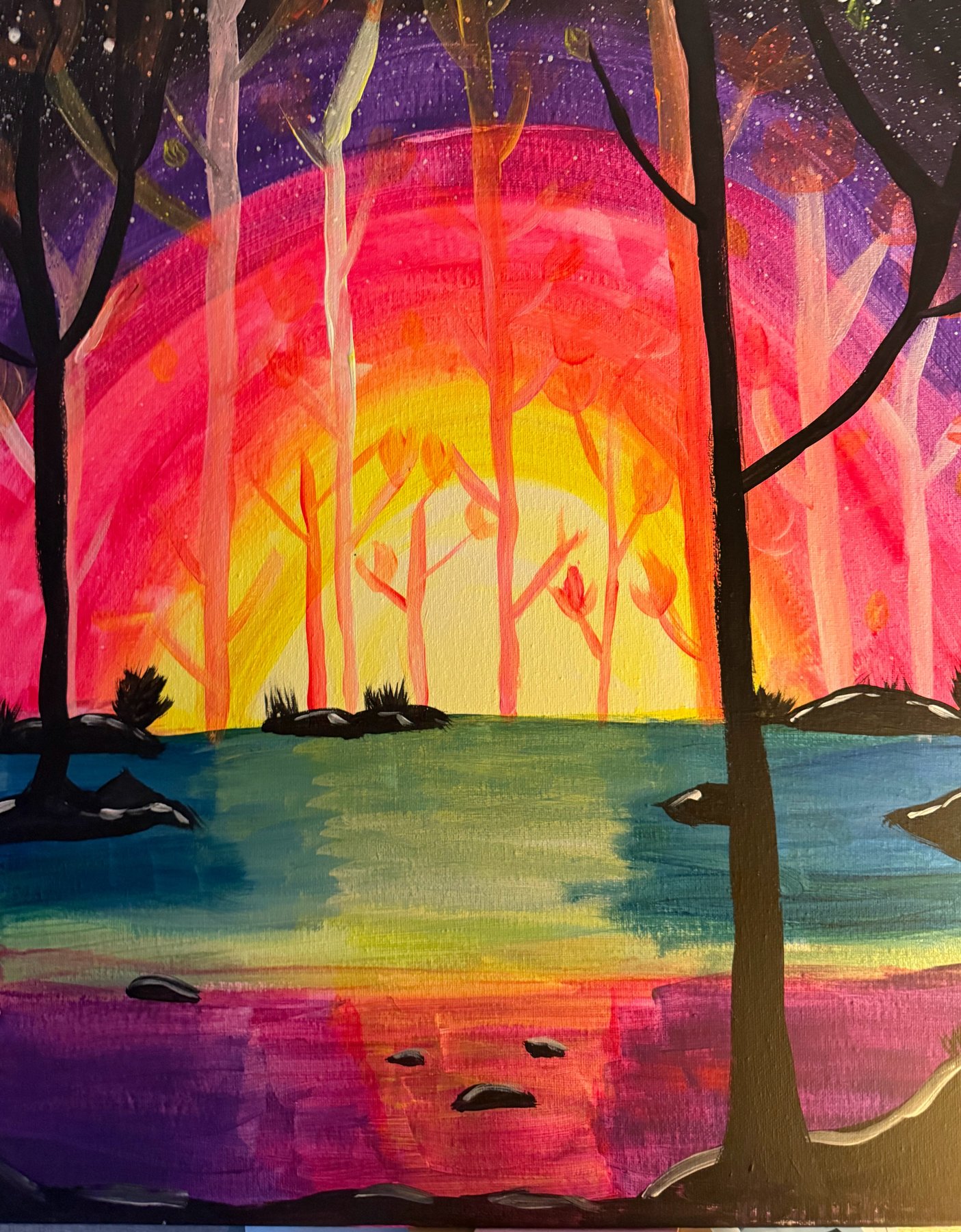 Painting of a glowing pink and orange sunset behind silhouetted trees reflected in water