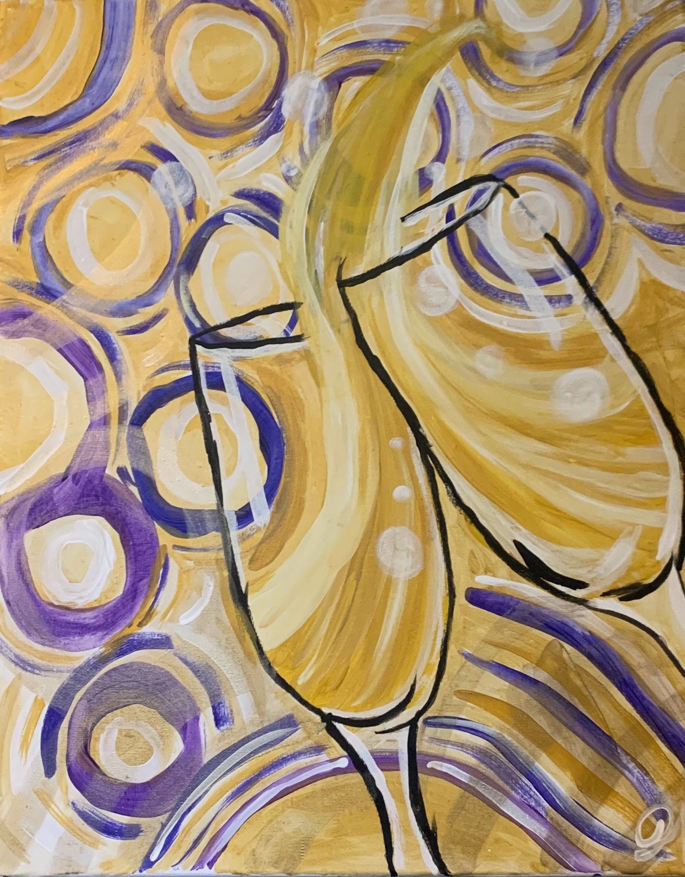 Painting of two outlined wine glasses over swirling gold and purple circles