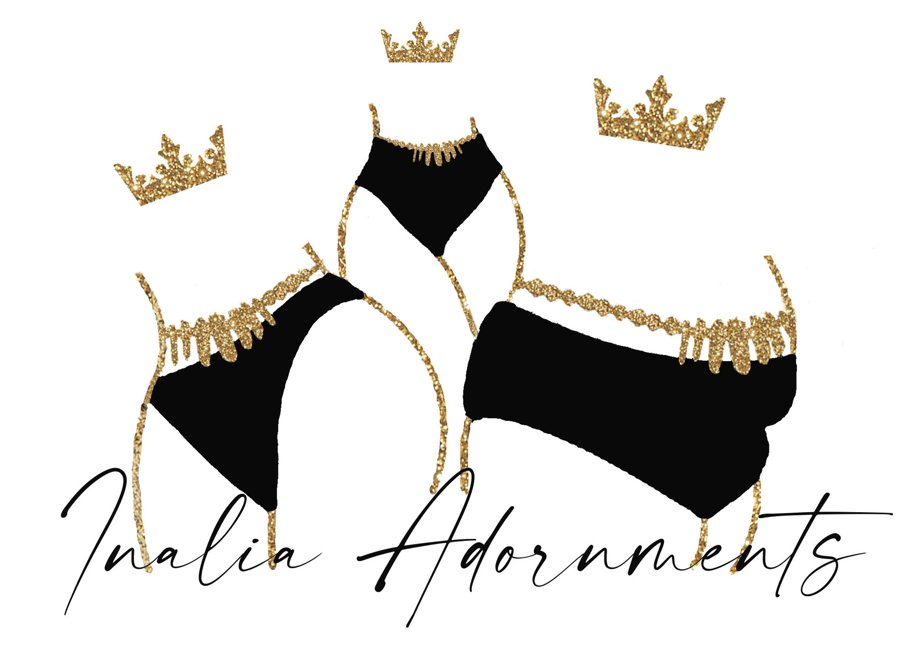 Inalia Adornments logo: three figures in gold-trimmed swimwear with gold crowns and script lettering