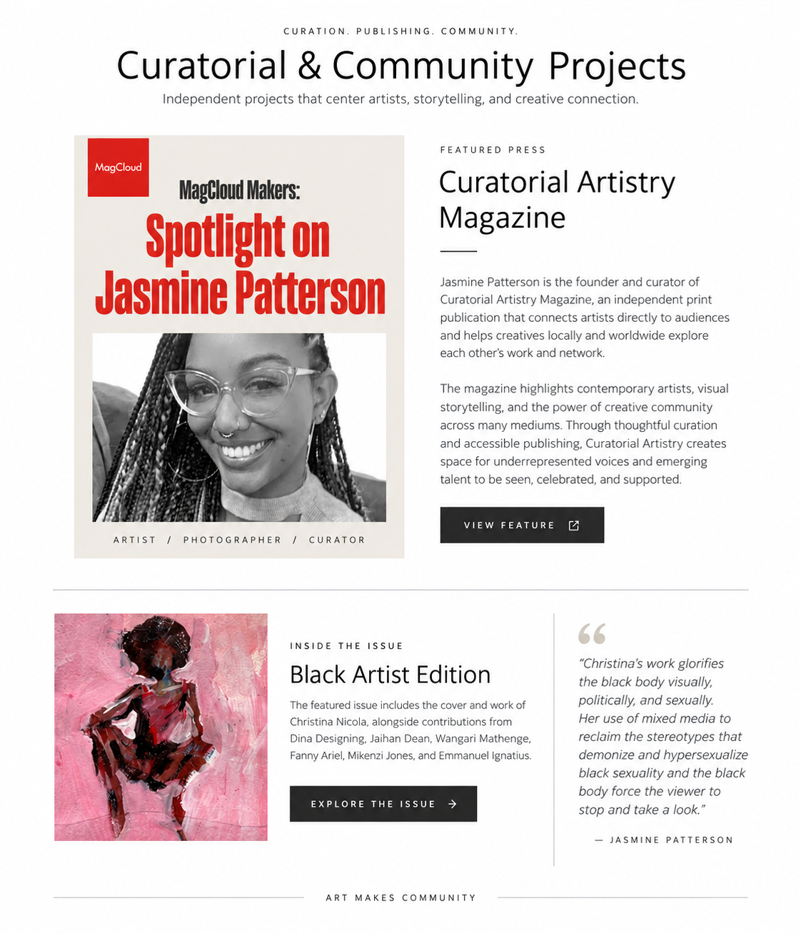 Overview of Curatorial Artistry Magazine, including a MagCloud Makers spotlight on Jasmine Patterson and the Black Artist Edition