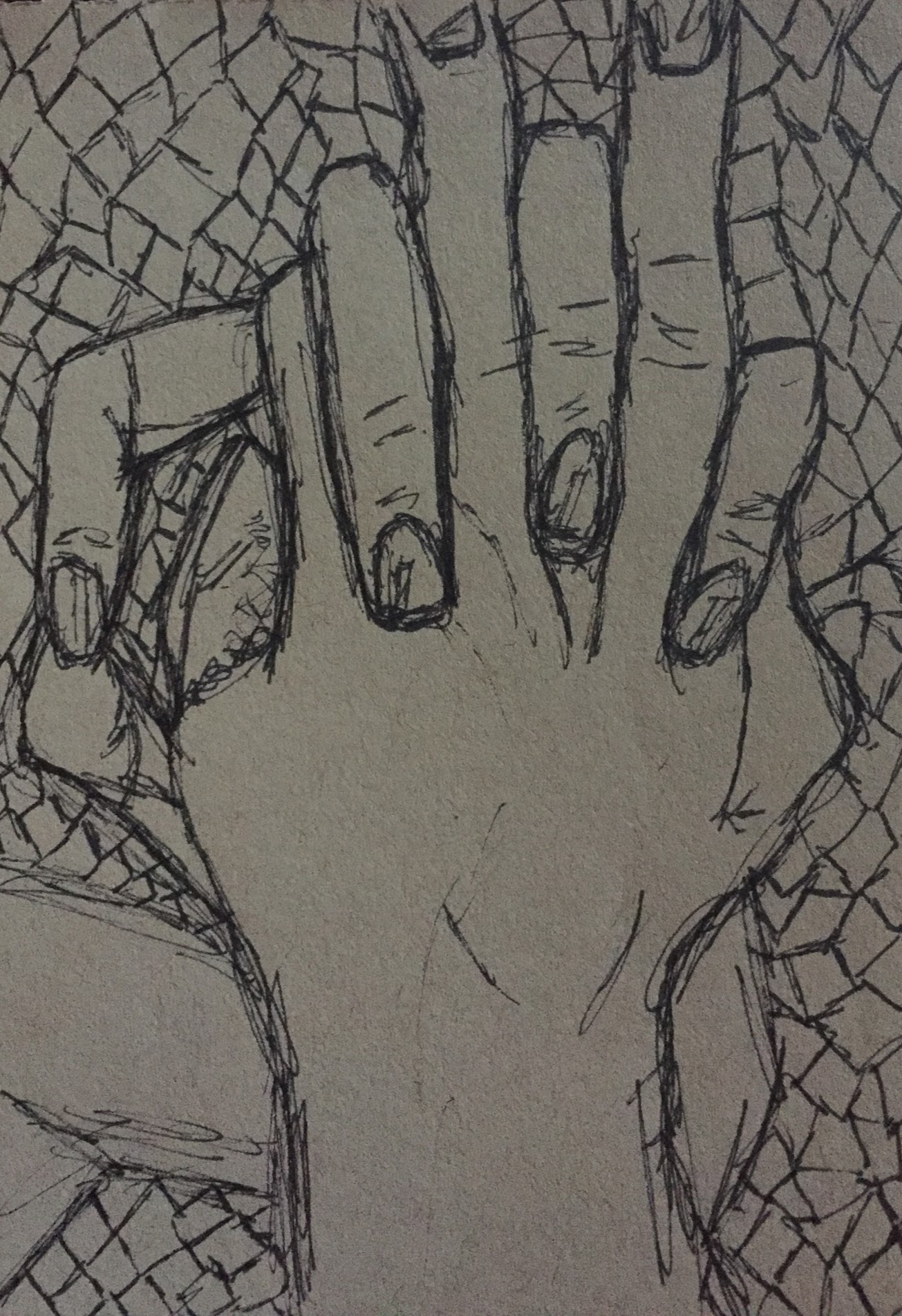 Ink study of hands over a patterned ground
