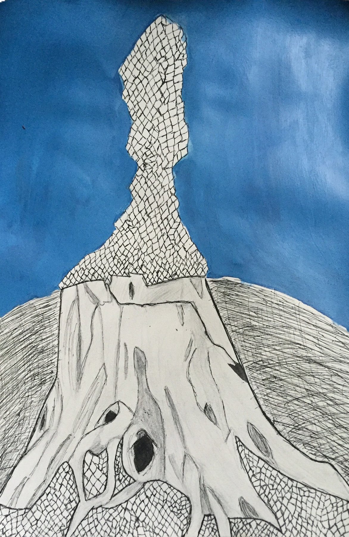 Mixed-media drawing of a patterned tree trunk against a blue sky