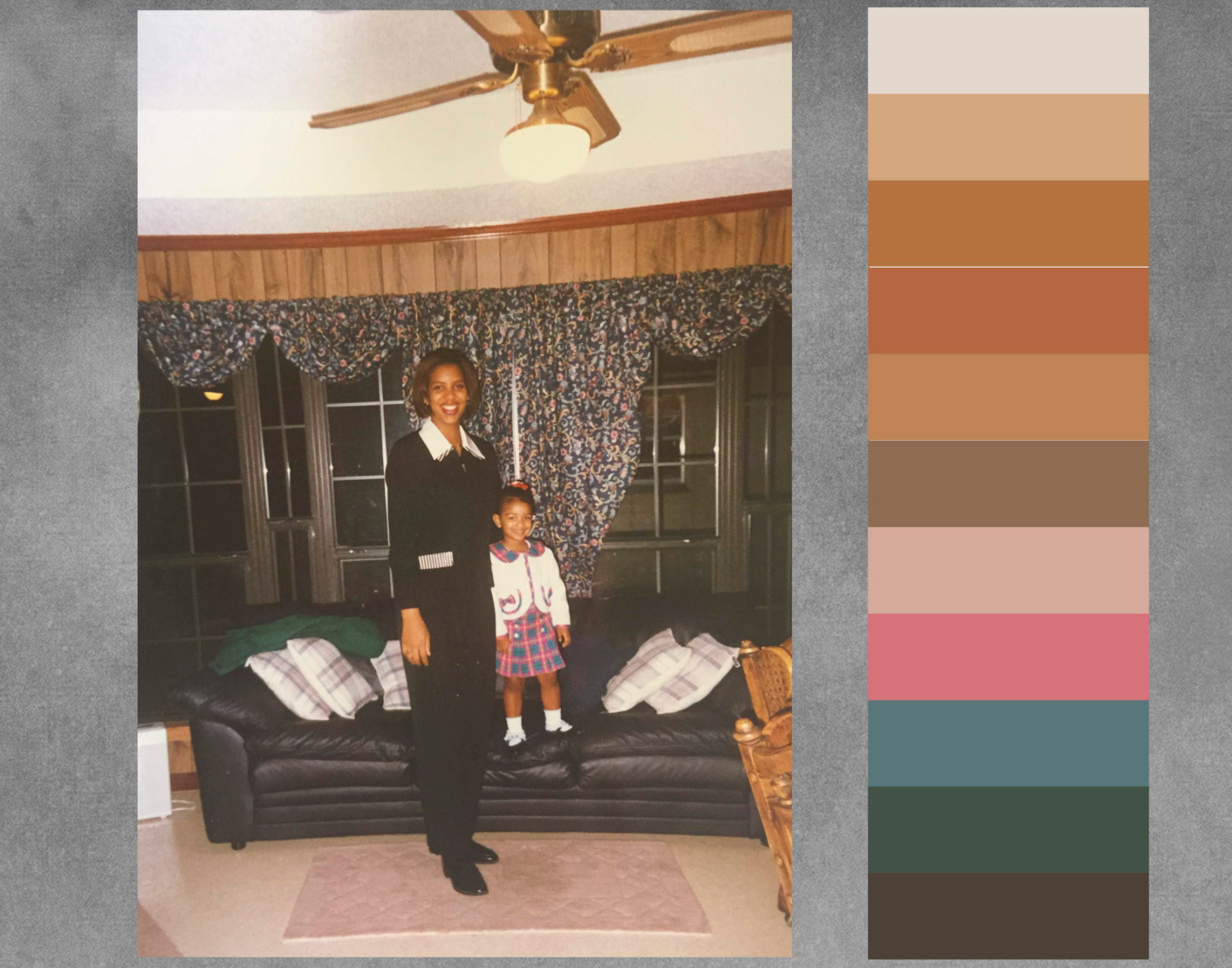 Vintage family photograph of a woman with a young child, paired with an extracted color palette