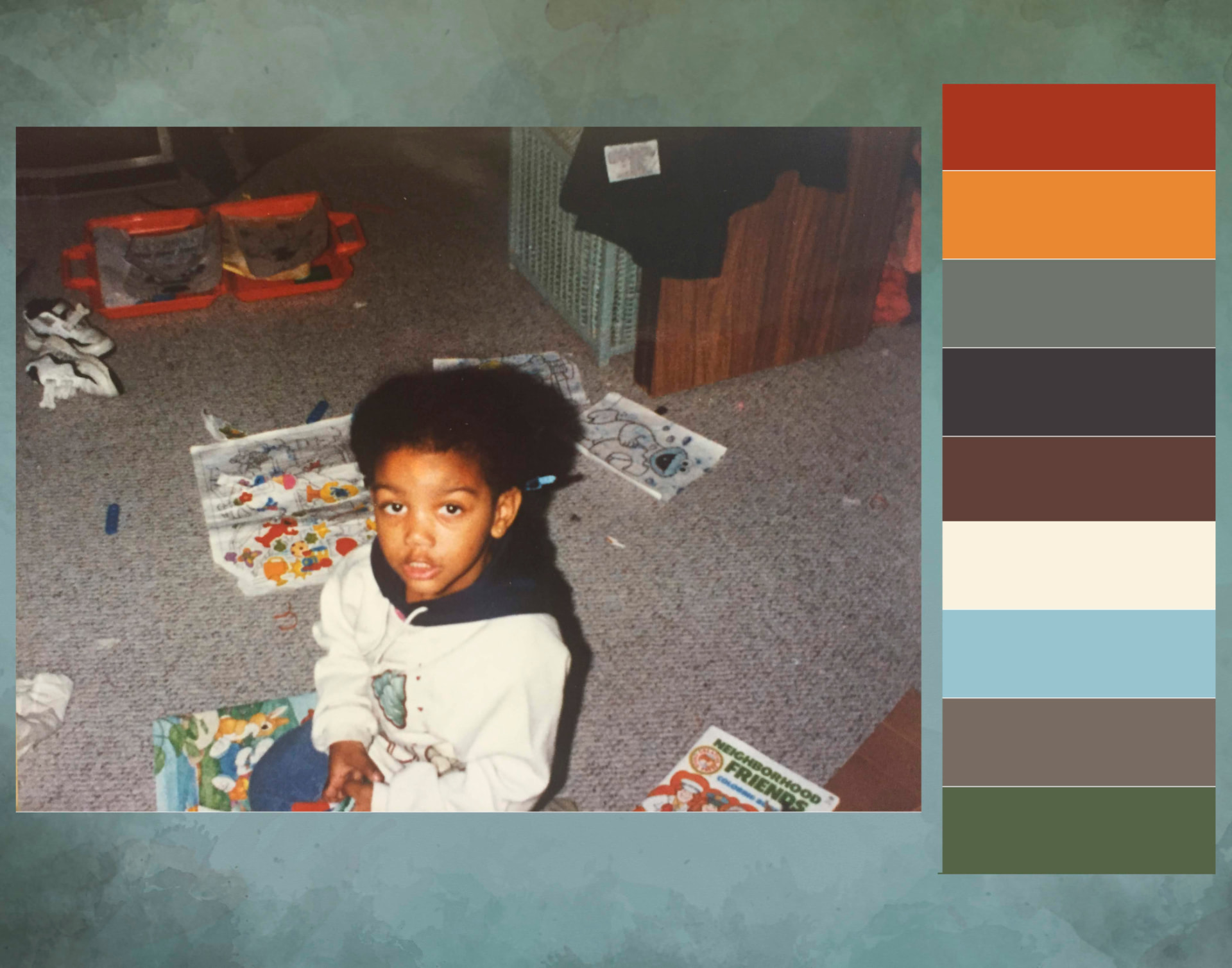 Vintage family photograph of a child on the floor with Sesame Street books, paired with an extracted color palette