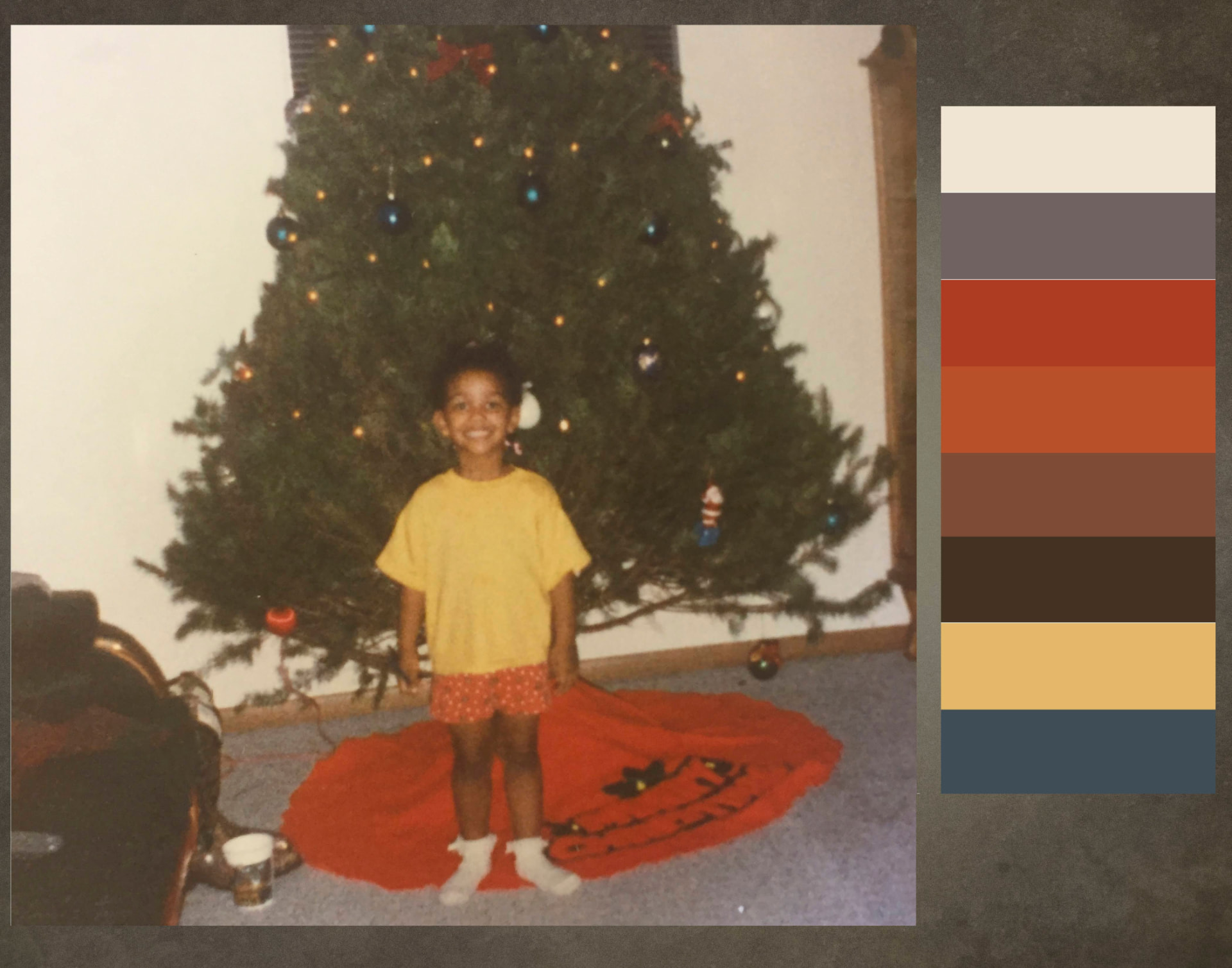 Vintage family photograph of a child beside a Christmas tree, paired with an extracted color palette