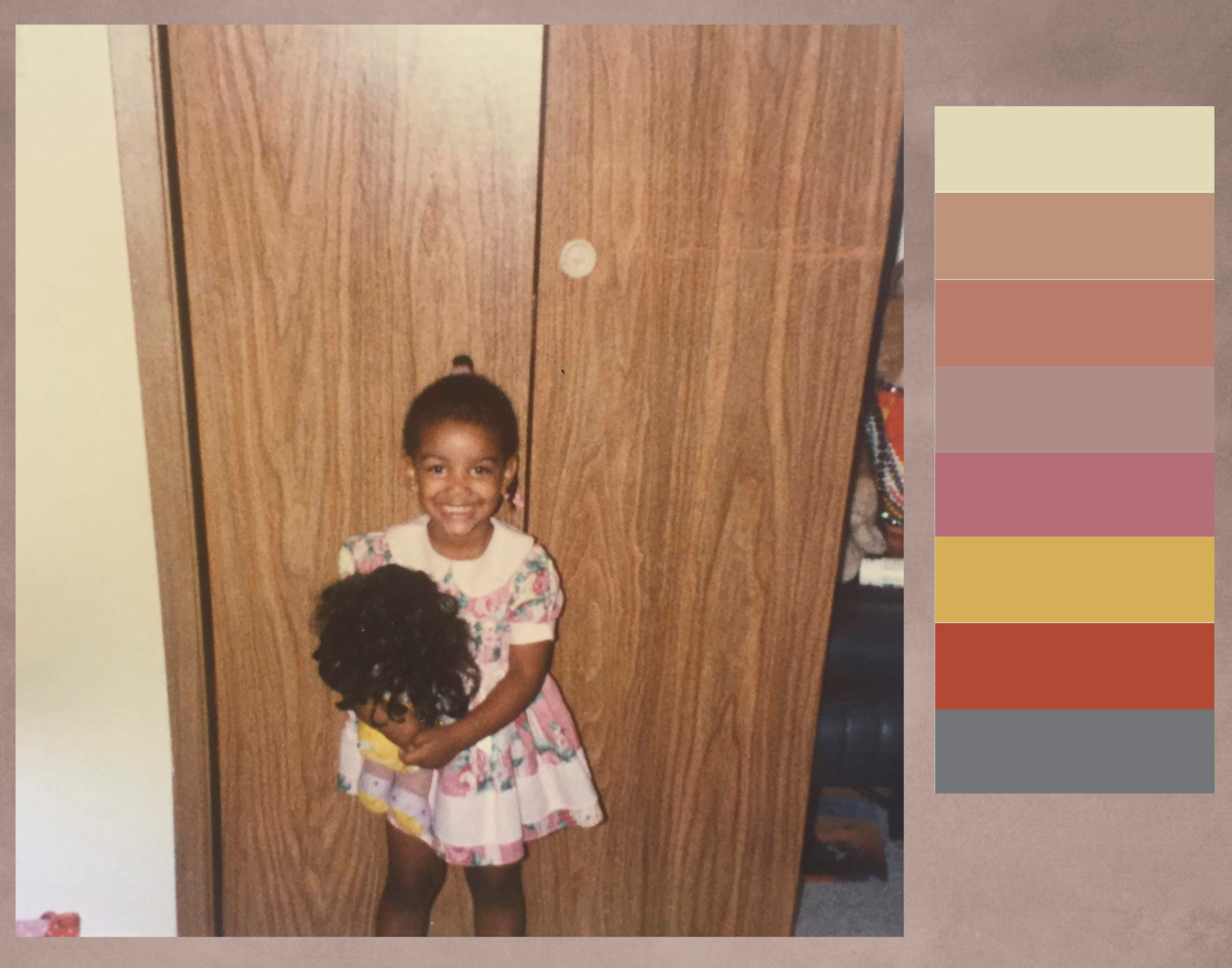 Vintage family photograph of a young girl in a floral dress holding a doll, paired with an extracted color palette