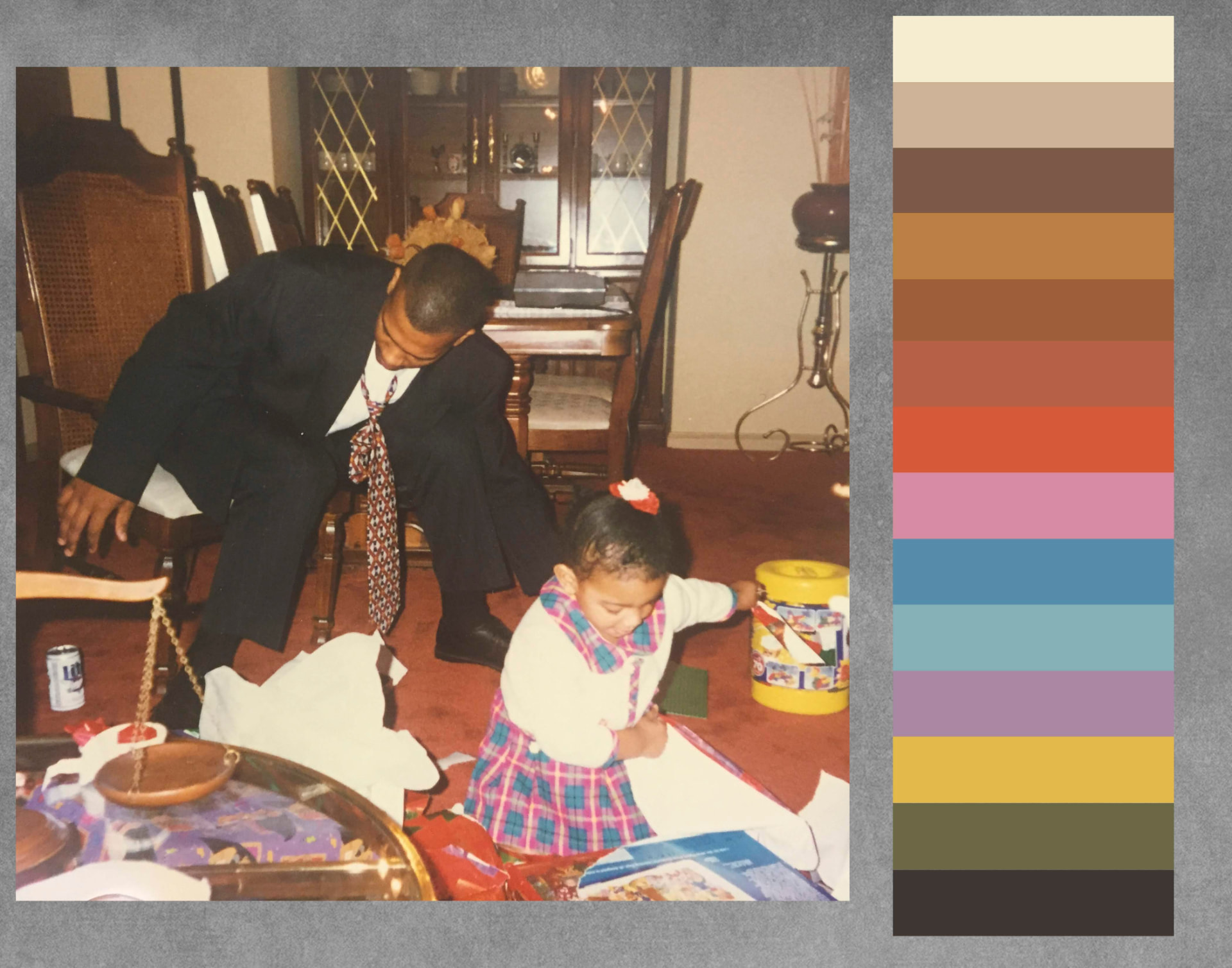 Vintage family photograph of a man in a suit with a child opening gifts, paired with an extracted color palette