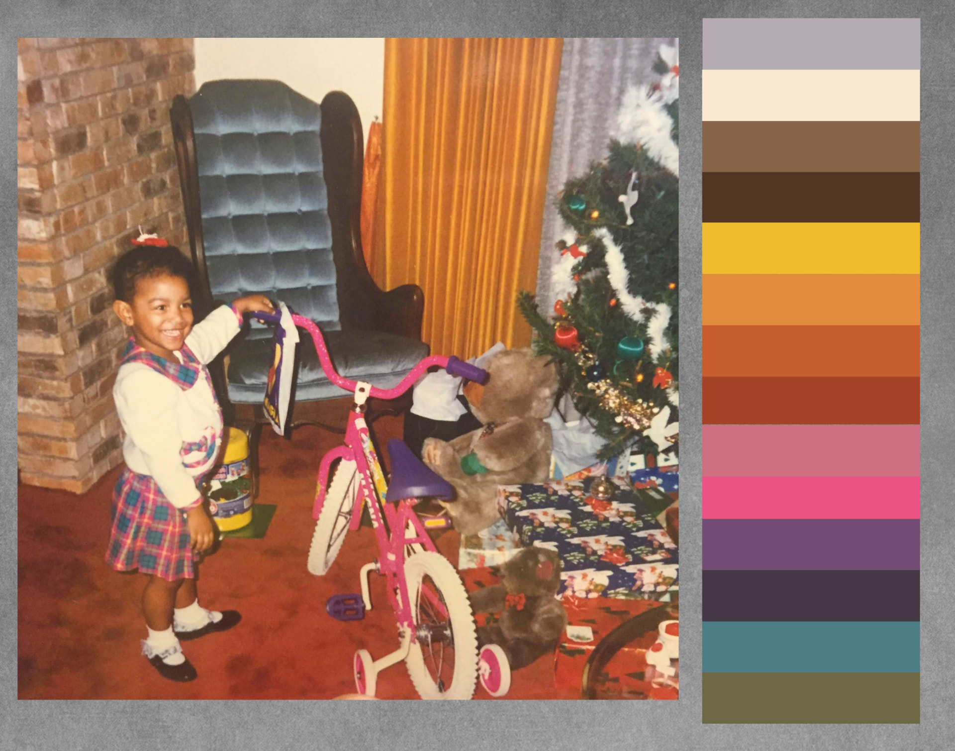 Vintage family photograph of a child with a pink bicycle beside a Christmas tree, paired with an extracted color palette