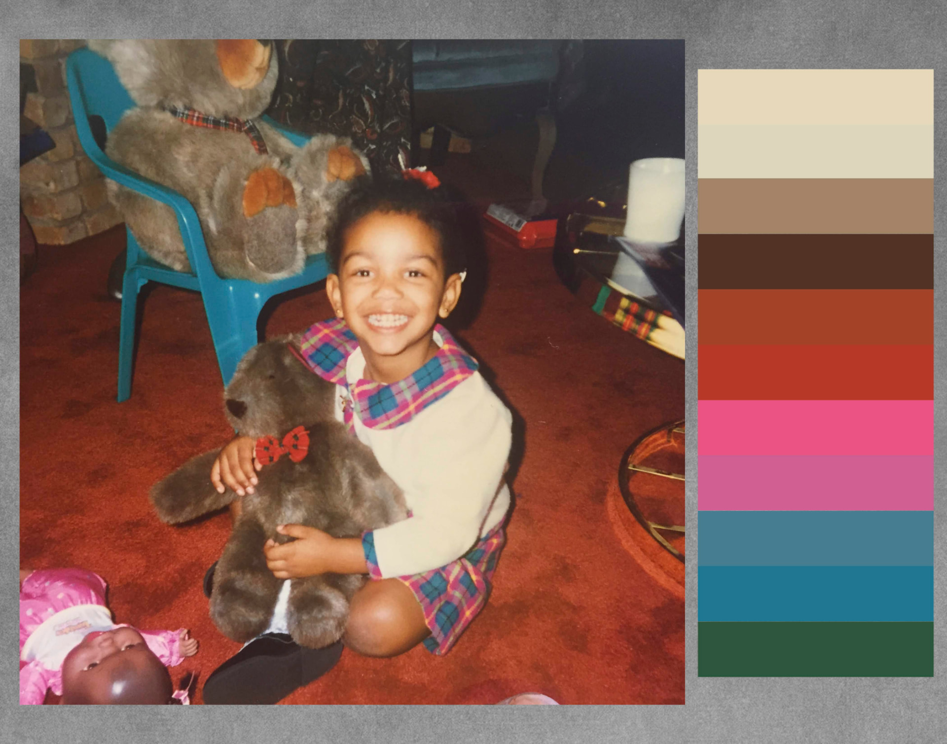 Vintage family photograph of a child hugging a teddy bear, paired with an extracted color palette