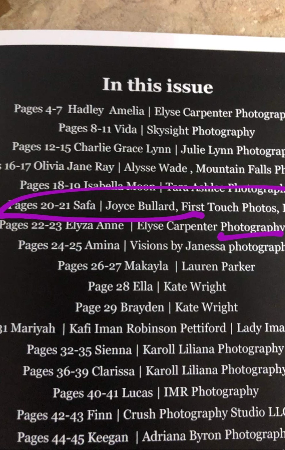Magazine contents page crediting Pages 20–21 Safa to Joyce Bullard, First Touch Photos, LLC